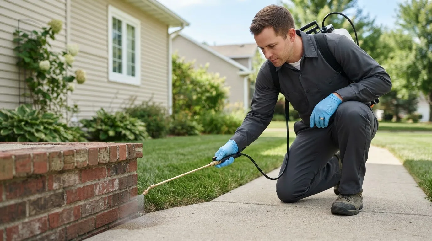 Pest control technician treating a home near Punxsutawney, PA